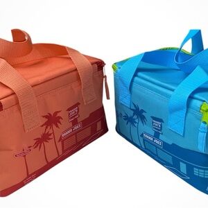 Trader Joe's 2 Mini Insulated Bag Peach & Teal Tote Bundle Limited Edition Blue
